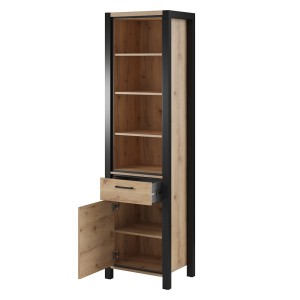 Vitrine haute collection BOWIE. Couleur chêne et noir. LED incluses