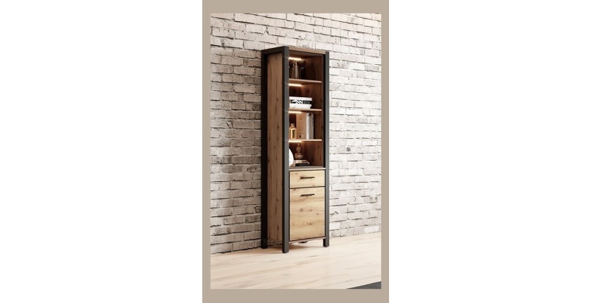 Vitrine haute collection BOWIE. Couleur chêne et noir. LED incluses