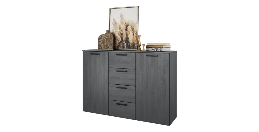 Commode design 2 portes et 4 tiroirs 130cm. Collection FLOYD coloris gris effet bois.
