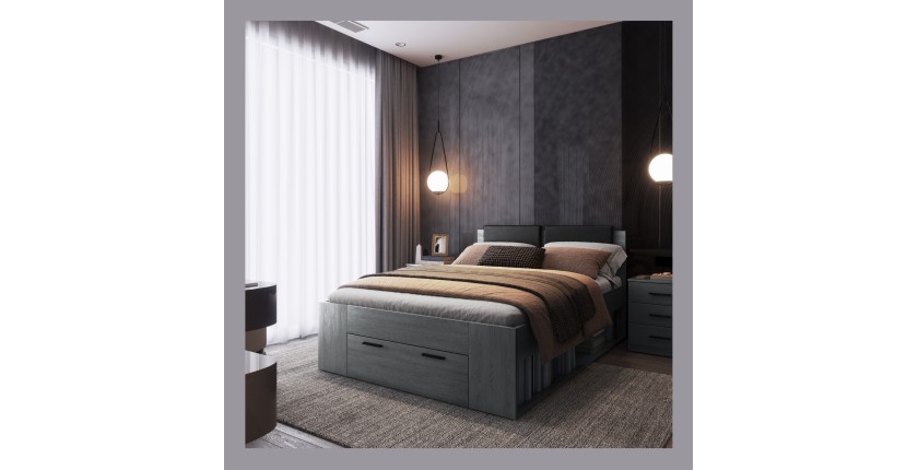 Lit adulte 140x200 avec tiroirs intégrés - Collection FLOYD. Coloris gris effet bois