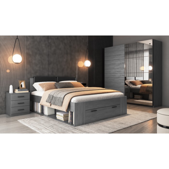 Letto adulto 140x200 con doghe e cassetti integrati - Collezione FLOYD. Colore grigio effetto legno.