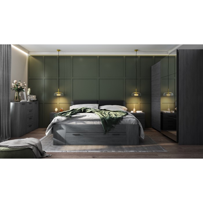 Letto adulto 140x200 con doghe e cassetti integrati - Collezione FLOYD. Colore grigio effetto legno.