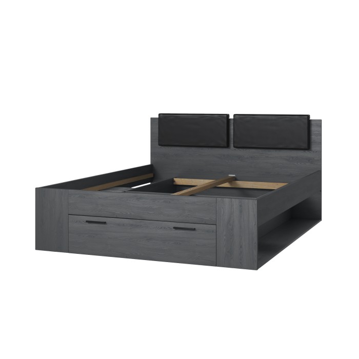 Lit adulte 160x200 avec sommier et tiroirs intégrés - Collection FLOYD. Coloris gris effet bois.