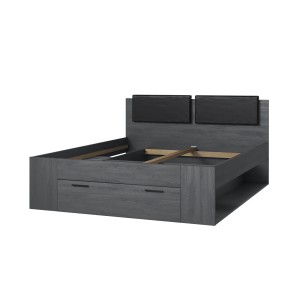 Lit adulte 160x200 avec sommier et tiroirs intégrés - Collection FLOYD. Coloris gris effet bois.