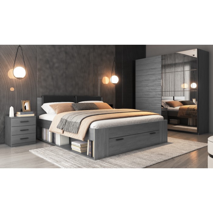 Letto matrimoniale 180x200 con rete e cassetti integrati - Collezione FLOYD. Colore grigio effetto legno.