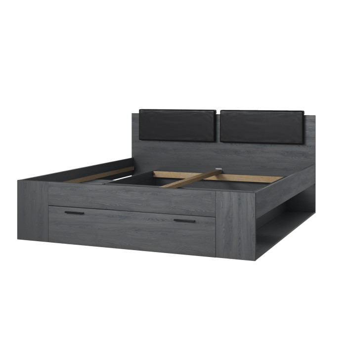 Letto matrimoniale 180x200 con rete e cassetti integrati - Collezione FLOYD. Colore grigio effetto legno.