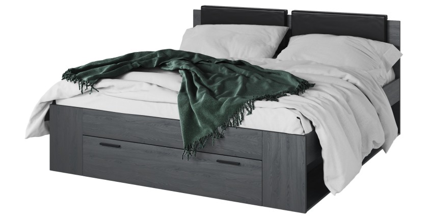 Lit adulte 180x200 avec sommier et tiroirs intégrés - Collection FLOYD. Coloris gris effet bois.