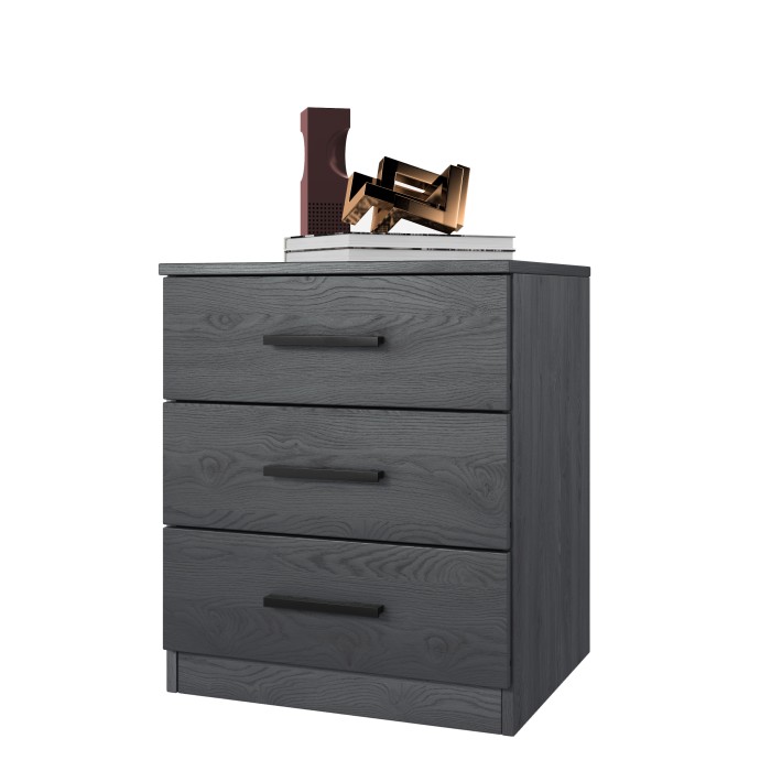 Chambre à coucher FLOYD : Armoire 220cm, Lit 180x200, commode, chevets. Coloris gris effet bois.