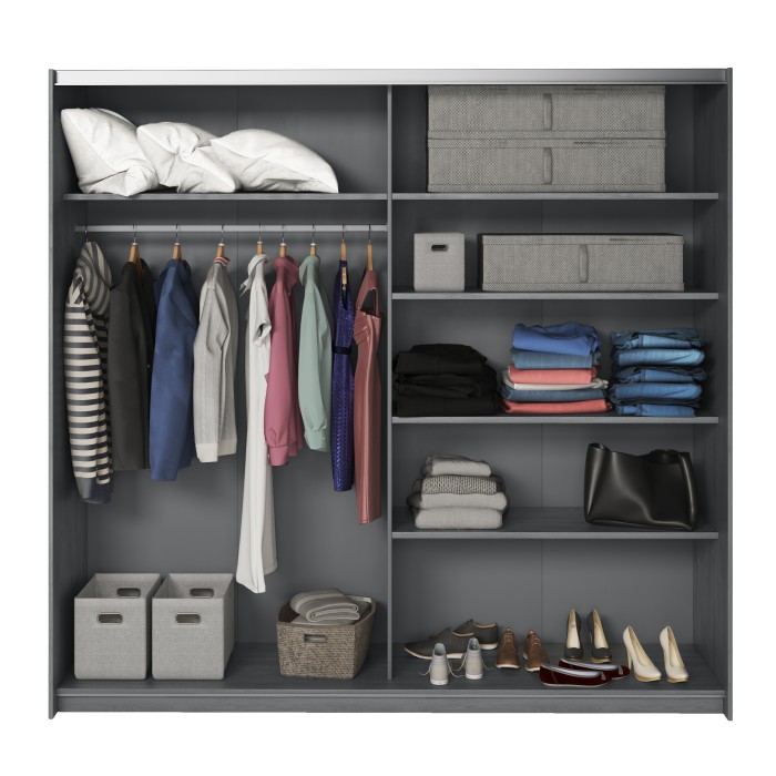 Chambre à coucher FLOYD : Armoire 200cm, Lit 180x200, commode, chevets. Coloris gris effet bois.