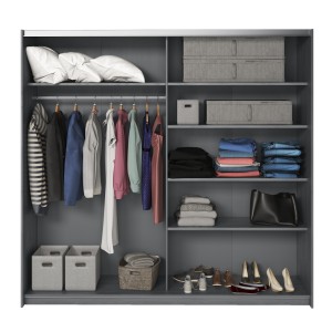 Chambre à coucher FLOYD : Armoire 200cm, Lit 180x200, commode, chevets. Coloris gris effet bois.