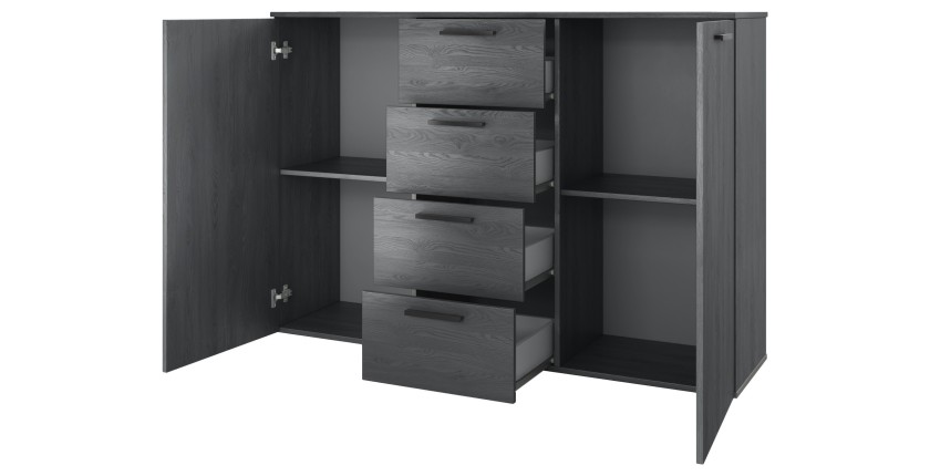 Chambre à coucher FLOYD : Armoire 200cm, Lit 180x200, commode, chevets. Coloris gris effet bois.