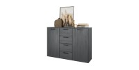 Chambre à coucher FLOYD : Armoire 200cm, Lit 160x200, commode, chevets. Coloris gris effet bois.