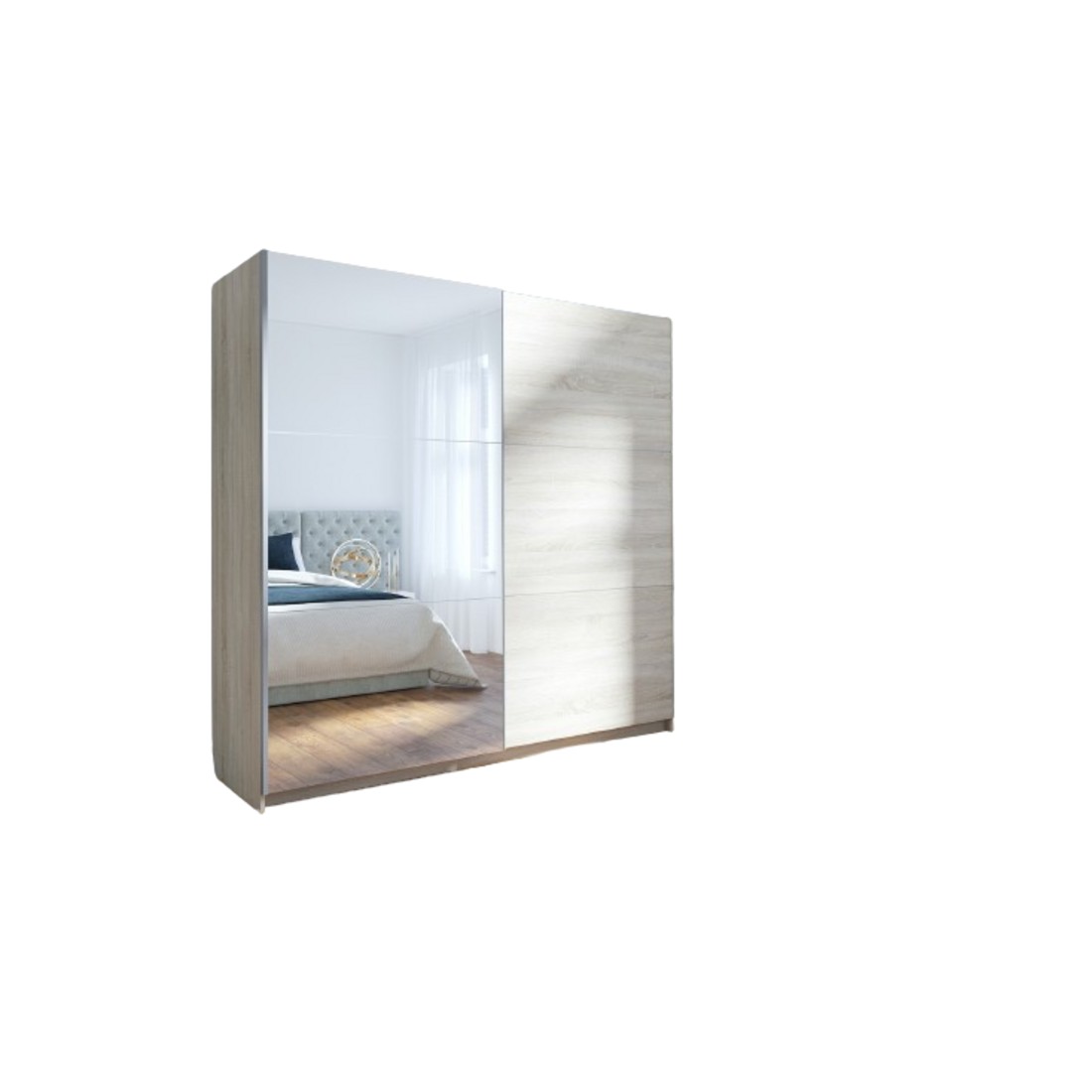 Armoire, garde robe ARSALA 200 cm deux portes coulissantes. Dressing complet avec miroir, penderie et étagères. Type scandinave