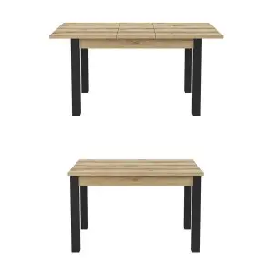 Table extensible jusqu'à 175cm pour salle à manger Collection DARWIN. Plateau chêne clair. Pieds noirs