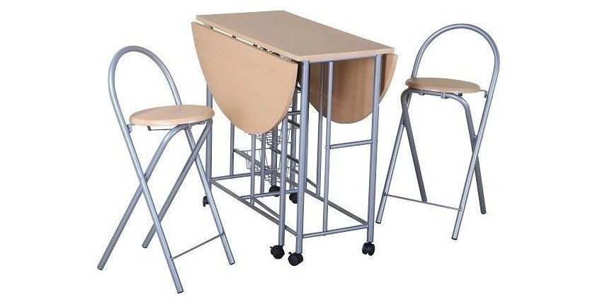 Ensemble pliable table ronde et deux chaises. Collection BETA. Idéal pour les petits espaces.