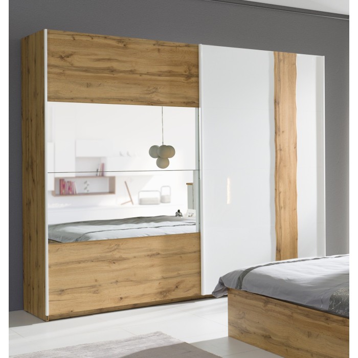 Armoire, garde robe WOOD deux portes coulissantes 250 cm. Coloris chêne et blanc brillant. Meuble pour chambre à coucher