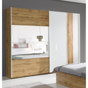 Armoire, garde robe WOOD deux portes coulissantes 250 cm. Coloris chêne et blanc brillant. Meuble pour chambre à coucher