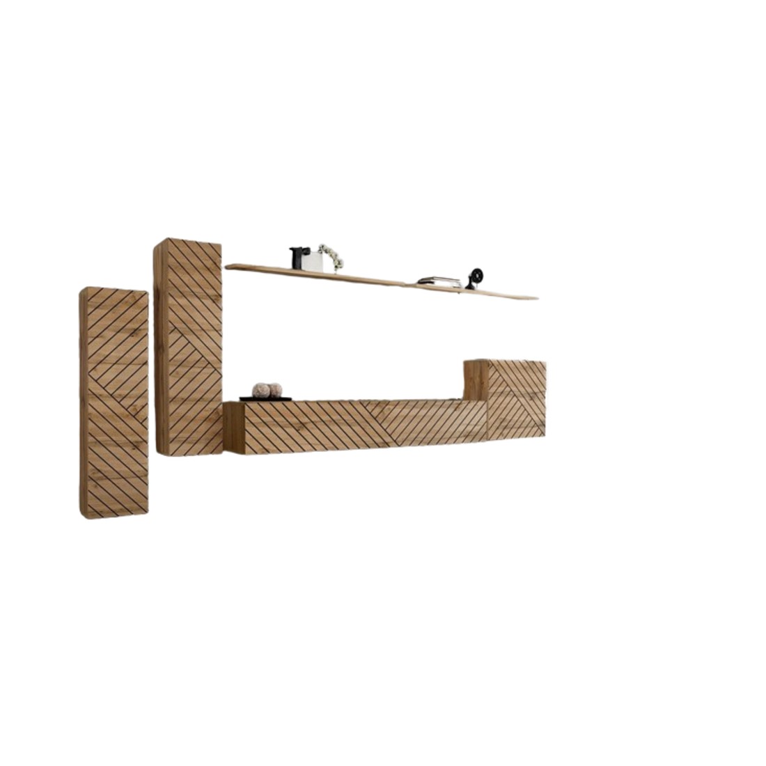 Ensemble meuble salon SWITCH I design, coloris chêne wotan. Finitions façades effet chêne fraisé.