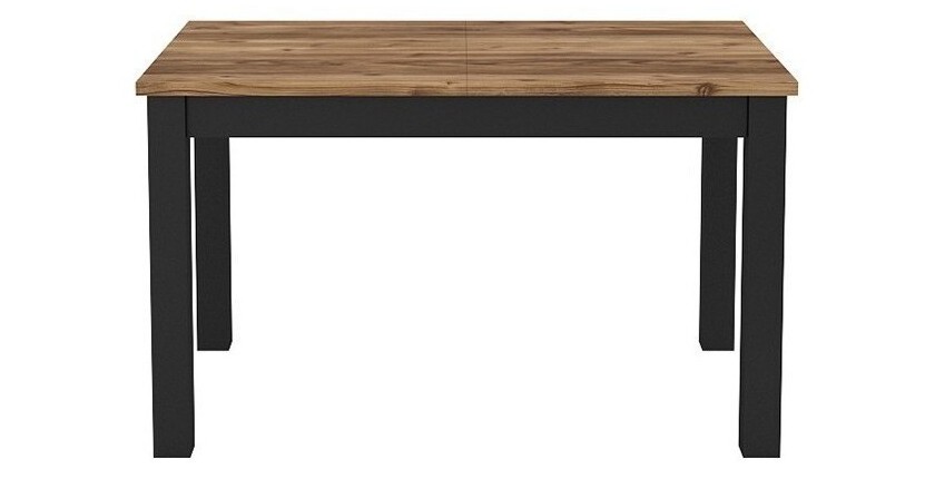Table extensible jusqu'à 175cm pour salle à manger Collection DARWIN. Plateau effet épicéa. Pieds noirs