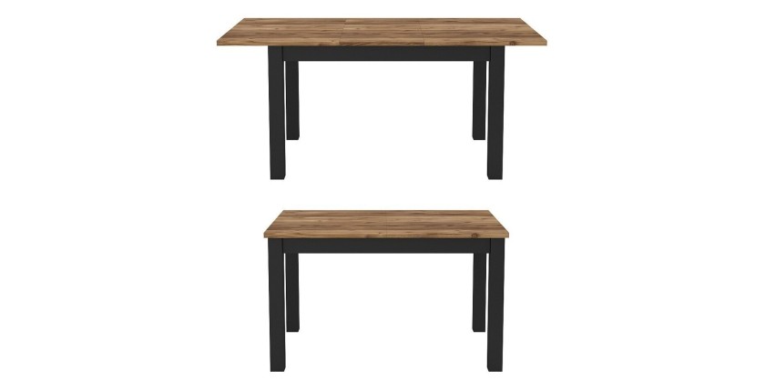 Table extensible jusqu'à 175cm pour salle à manger Collection DARWIN. Plateau effet épicéa. Pieds noirs