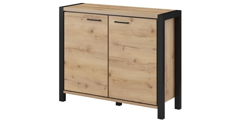 Buffet petit modèle 110cm collection BOWIE. 2 portes, couleur chêne et noir