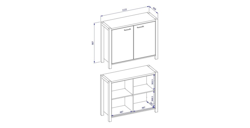 Buffet petit modèle 110cm collection BOWIE. 2 portes, couleur chêne et noir
