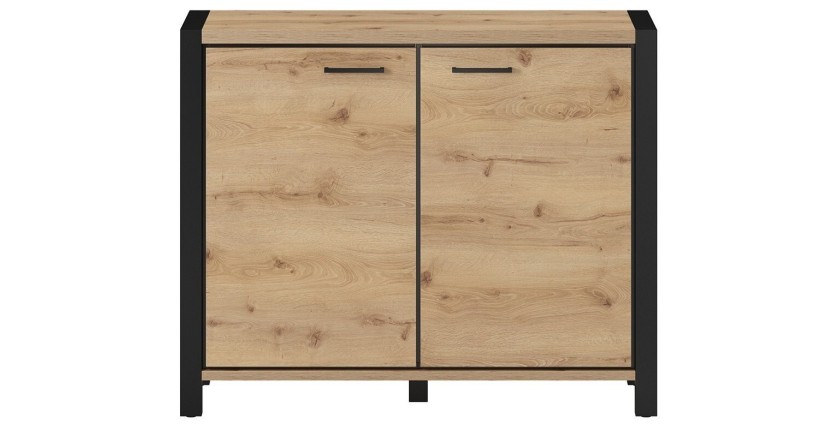 Buffet petit modèle 110cm collection BOWIE. 2 portes, couleur chêne et noir