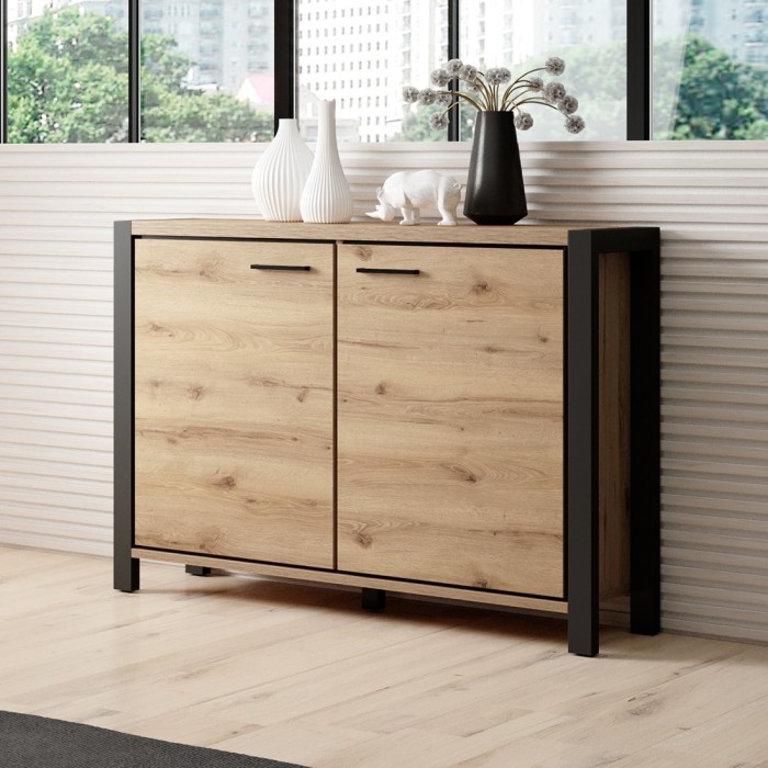 Buffet petit modèle 110cm collection BOWIE. 2 portes, couleur chêne et noir