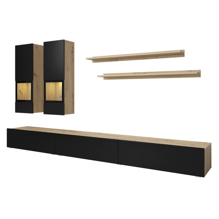 Ensemble meubles de salon collection RAMOS. Coloris chêne et noir super mat. LED intégrées.