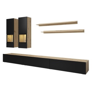 Ensemble meubles de salon collection RAMOS. Coloris chêne et noir super mat. LED intégrées.