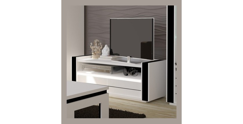 Meuble tv LINA blanc et noir brillant + LED