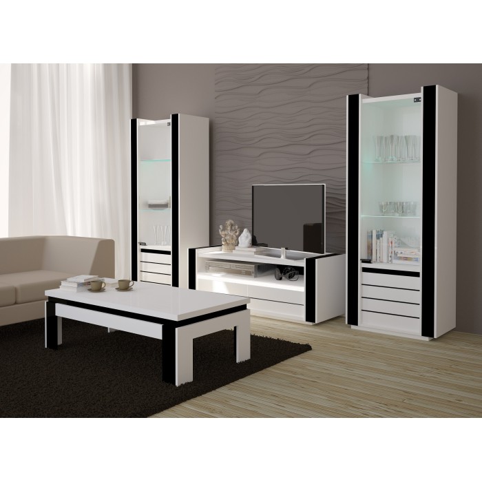 Meuble tv LINA blanc et noir brillant + LED