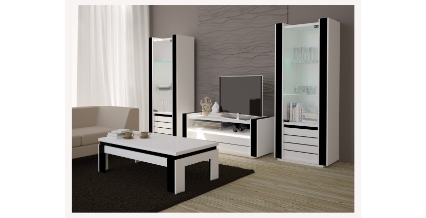 Meuble tv LINA blanc et noir brillant + LED