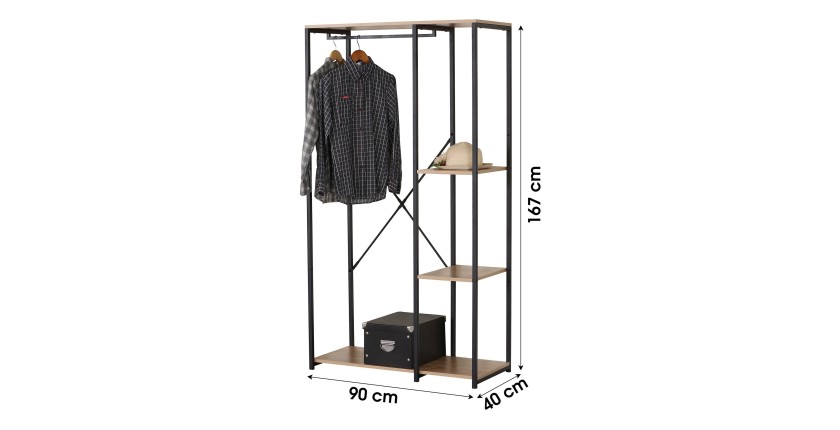 Porte manteau / dressing ouvert avec 2 étagères et penderie - 90x40x167cm