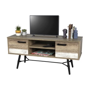 Meuble TV style scandinave avec 2 portes et 2 étagères coloris chêne vieilli 120x40xH55cm