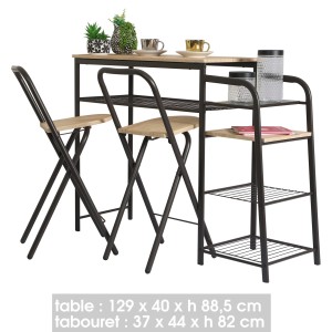 Ensemble de bar et ses 2 tabourets pliables dimensions 89x40x129cm