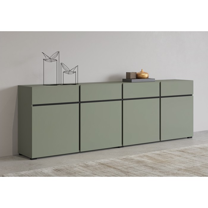 Buffet XL colore verde salvia 225cm collezione HAVANA. Credenza design con 4 porte e 4 cassetti.