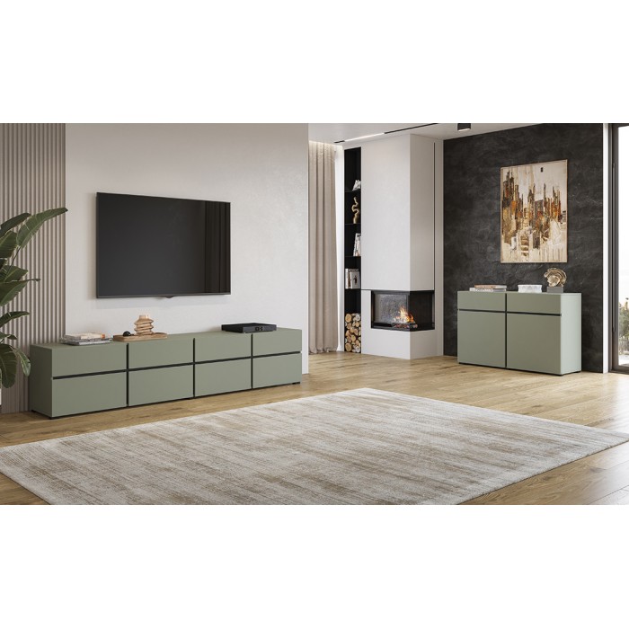 Mobile TV XL colore verde salvia e nero 225cm collezione HAVANA. Mobile design con 4 porte e 4 cassetti.
