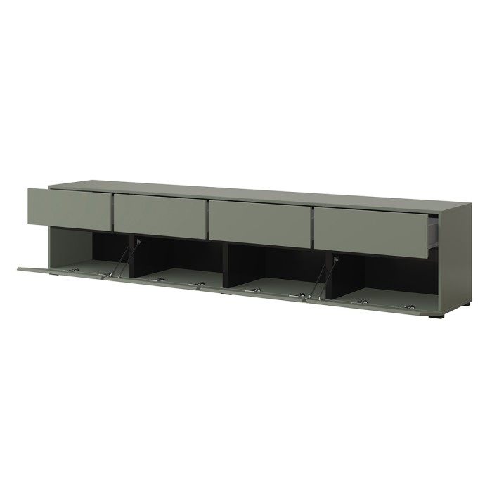 Mobile TV XL colore verde salvia e nero 225cm collezione HAVANA. Mobile design con 4 porte e 4 cassetti.