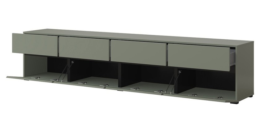 Mobile TV XL colore verde salvia e nero 225cm collezione HAVANA. Mobile design con 4 porte e 4 cassetti.