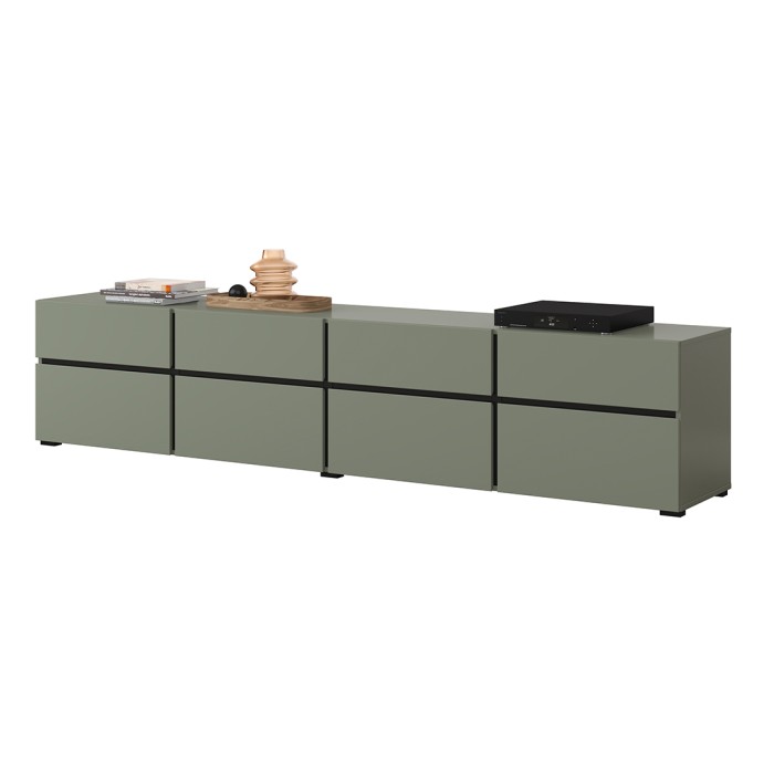 Mobile TV XL colore verde salvia e nero 225cm collezione HAVANA. Mobile design con 4 porte e 4 cassetti.