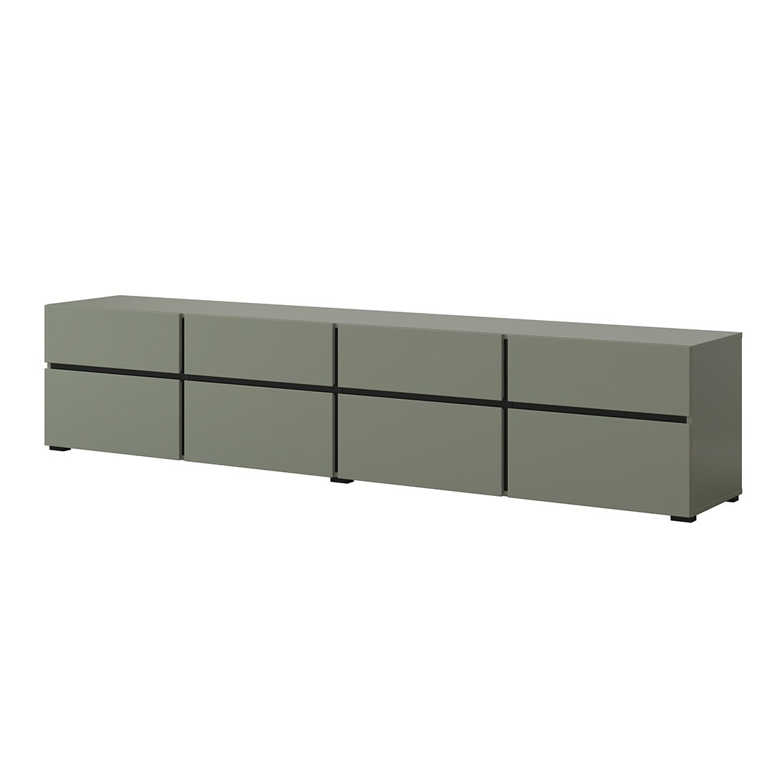 Mobile TV XL colore verde salvia e nero 225cm collezione HAVANA. Mobile design con 4 porte e 4 cassetti.