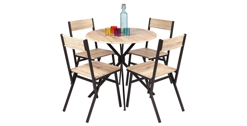 Table à manger ronde avec 4 chaises - 80x80xH75cm - Couleur chêne