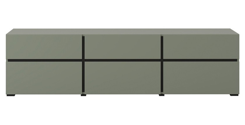 Meuble TV coloris vert sauge 180cm collection HAVANA. Meuble design avec 3 portes et 3 tiroirs.