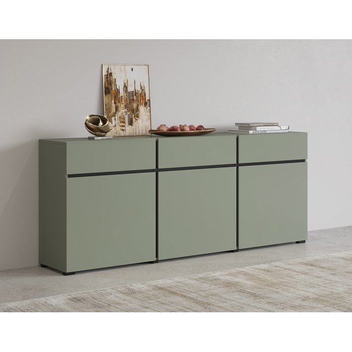 Buffet color salvia verde 180cm collezione HAVANA. Credenza di design con 3 porte e 3 cassetti.