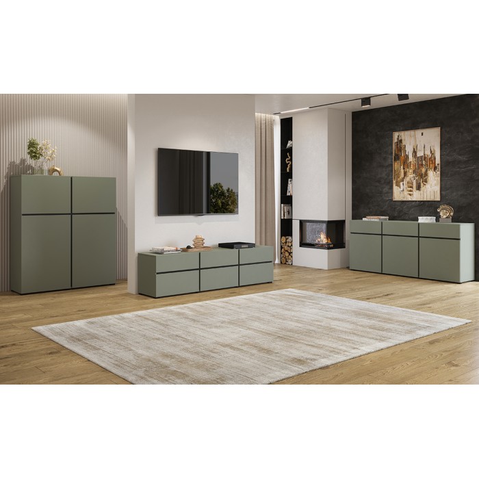 Salon complet HAVANA – Vert sauge et noir – Meuble TV, buffet et buffet haut – Style design moderne