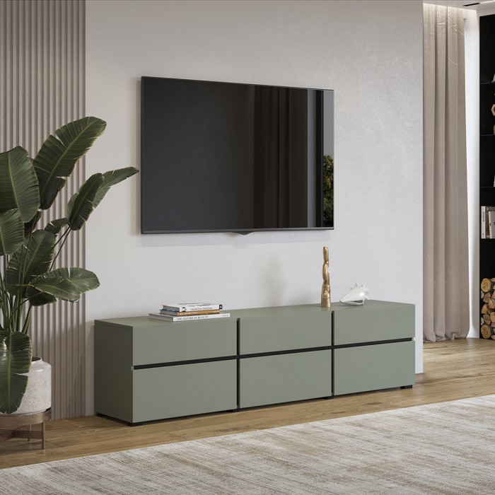 Salón completo HAVANA – Verde salvia y negro – Mueble para TV, aparador y aparador alto – Estilo diseño moderno