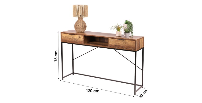 Console d'entrée style ethnique avec 2 tiroirs – Coloris bois noyer, dimensions 120x30x75 cm