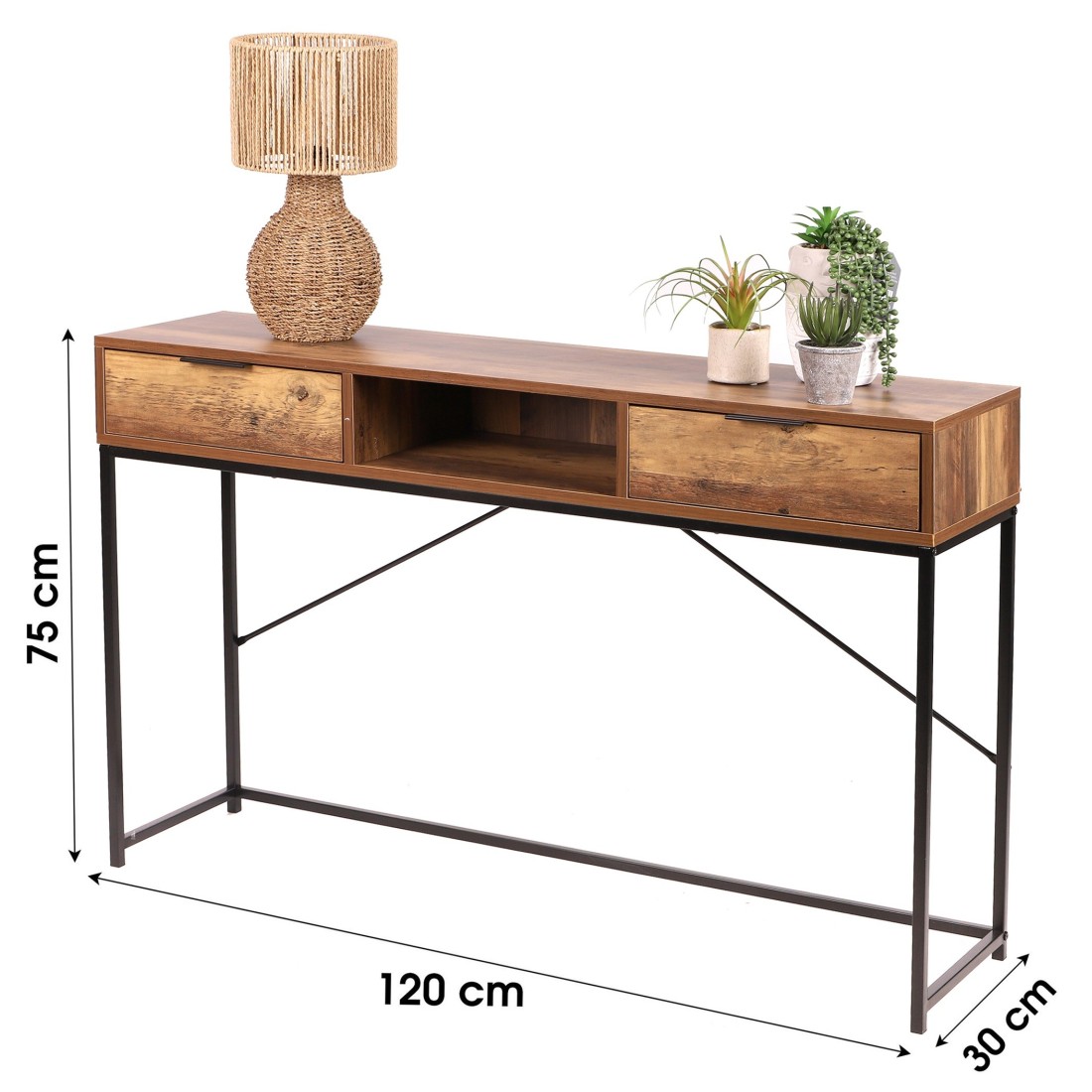 Consolle d''ingresso in stile etnico con 2 cassetti - Colore legno noce, dimensioni 120x30x75 cm