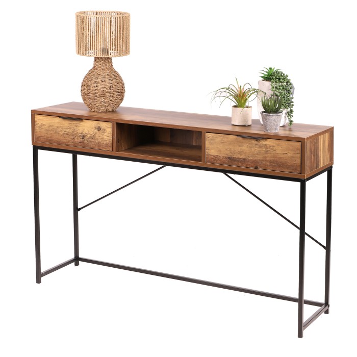 Eingangskonsole im ethnischen Stil mit 2 Schubladen – Walnussholzfarbe, Maße 120x30x75 cm